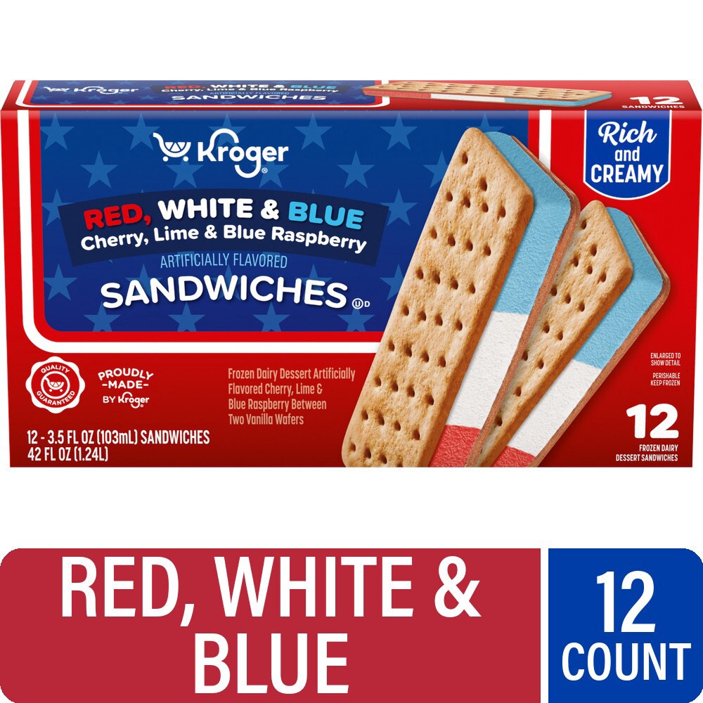 slide 1 of 1, Kroger® Red White and Blue Cherry Lime and Blue Raspberry Sandwiches, 12 ct / 3.5 fl oz, 12 ct