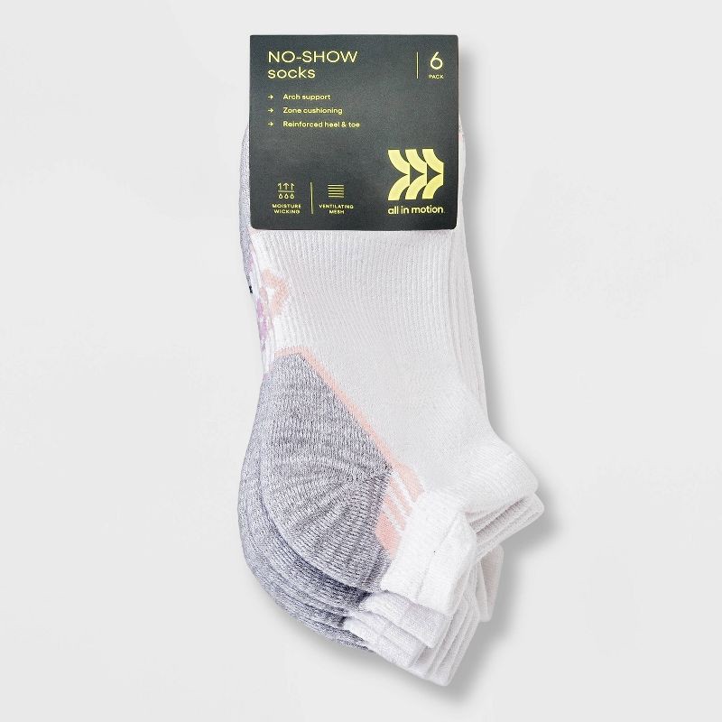 slide 2 of 3, Women's Cushioned Active Striped 6pk No Show Tab Socks - All In Motion™ White 4-10: Arch Support, Zone Cushioning, 6 ct
