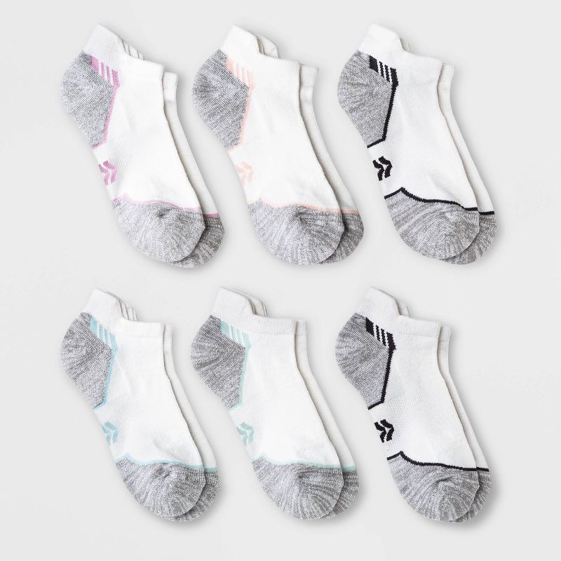 slide 1 of 3, Women's Cushioned Active Striped 6pk No Show Tab Socks - All In Motion™ White 4-10: Arch Support, Zone Cushioning, 6 ct