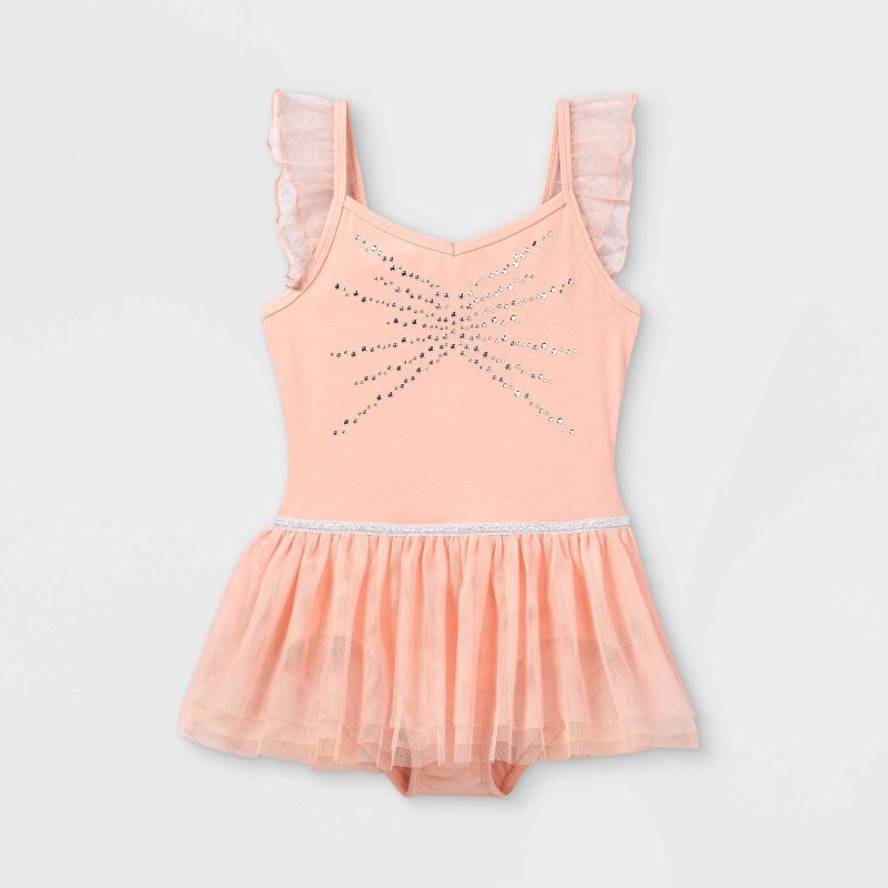 slide 1 of 2, Girls' Dancewear Cami Flutter Sleeve Leotard with Skirt - Cat & Jack™ Pink XS: Lace, Tiered Skirt, 1 ct