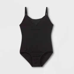 Girls&#x27; Cami Dance Leotard - Cat &amp; Jack™ Black M: Cotton Blend, Recycled Polyester, Spandex, Keyhole Back, Machine Washable