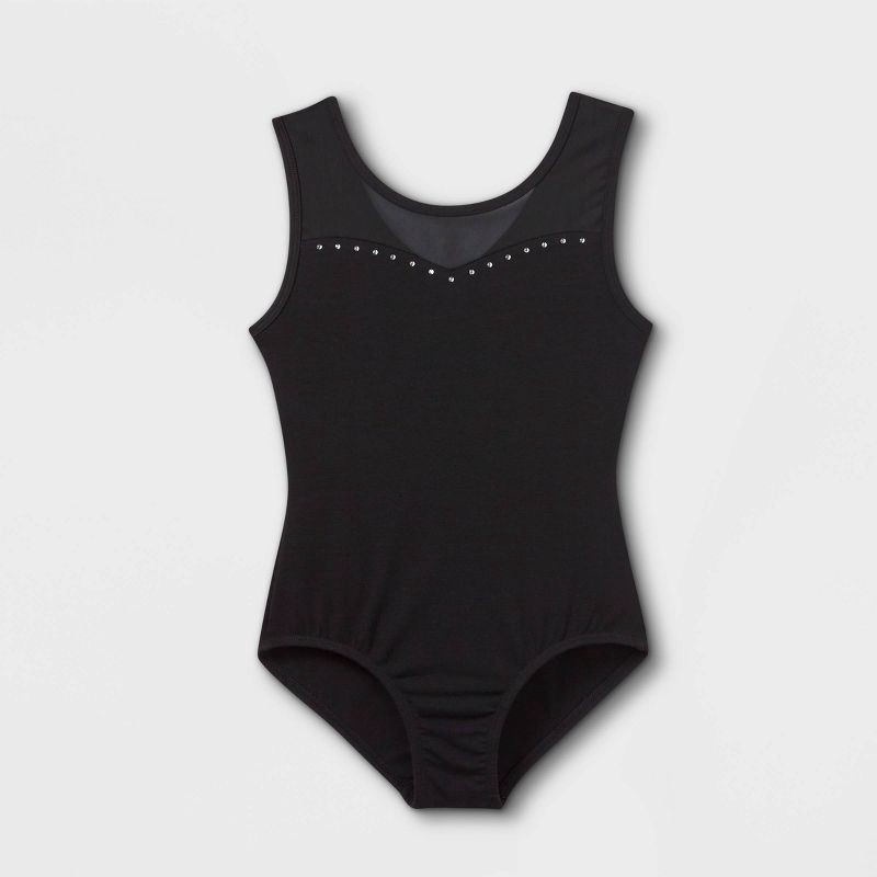 slide 1 of 2, Girls' Dance Tank Mesh Leotard - Cat & Jack™ Black S: Cotton Blend, Recycled Polyester, Spandex, Keyhole Back, 1 ct
