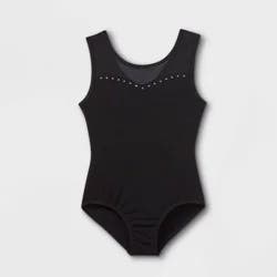 Girls' Dance Tank Mesh Leotard - Cat & Jack™ Black M: Cotton Blend, Recycled Polyester, Spandex, Keyhole Back, Scoopneck