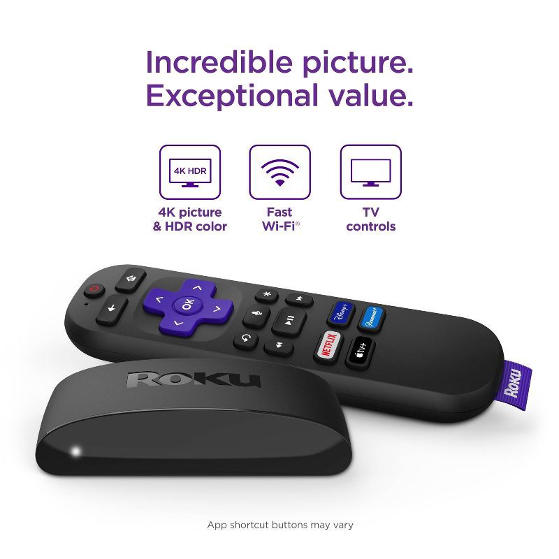 slide 2 of 8, Roku Express 4K+ | Streaming Player HD/4K/HDR with Roku Voice Remote with TV Controls and Premium HDMI Cable, 1 ct