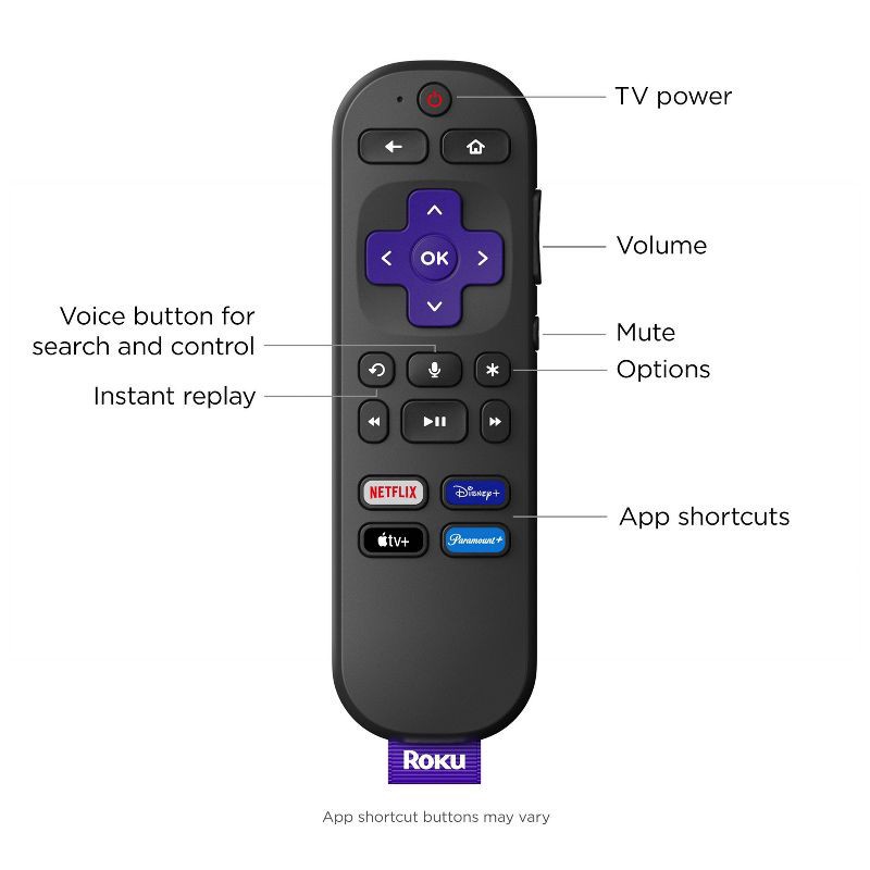 slide 4 of 8, Roku Express 4K+ | Streaming Player HD/4K/HDR with Roku Voice Remote with TV Controls and Premium HDMI Cable, 1 ct