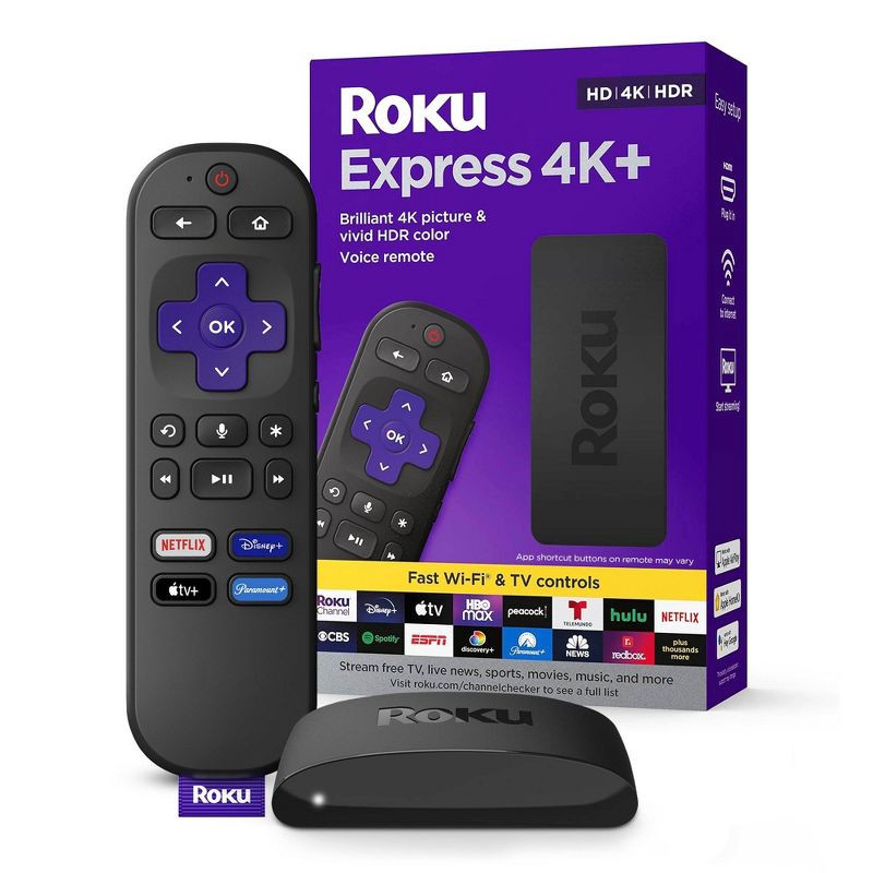 slide 1 of 8, Roku Express 4K+ | Streaming Player HD/4K/HDR with Roku Voice Remote with TV Controls and Premium HDMI Cable, 1 ct