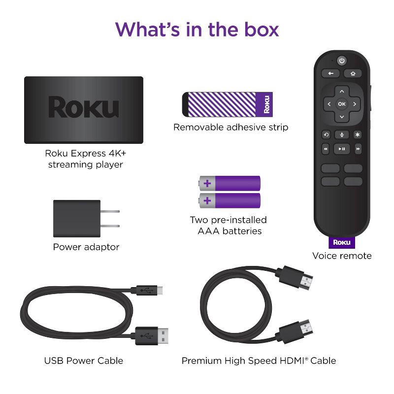 slide 6 of 8, Roku Express 4K+ | Streaming Player HD/4K/HDR with Roku Voice Remote with TV Controls and Premium HDMI Cable, 1 ct