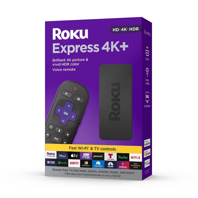 slide 1 of 8, Roku Express 4K+ | Streaming Player HD/4K/HDR with Roku Voice Remote with TV Controls and Premium HDMI Cable, 1 ct