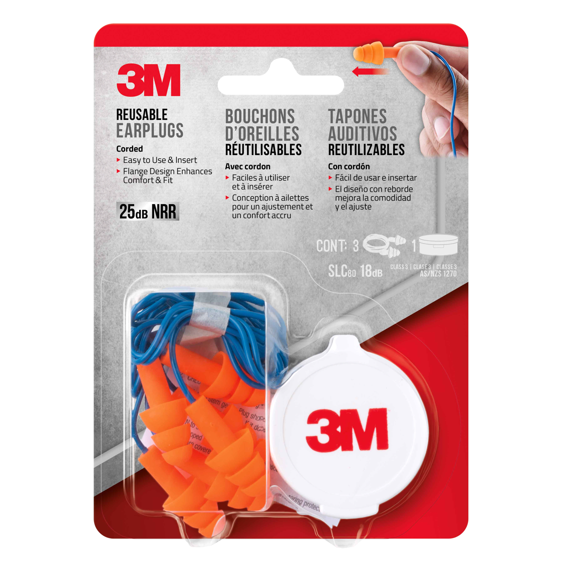 slide 1 of 5, 3M Corded Reusable Earplugs with Case, 3 ct