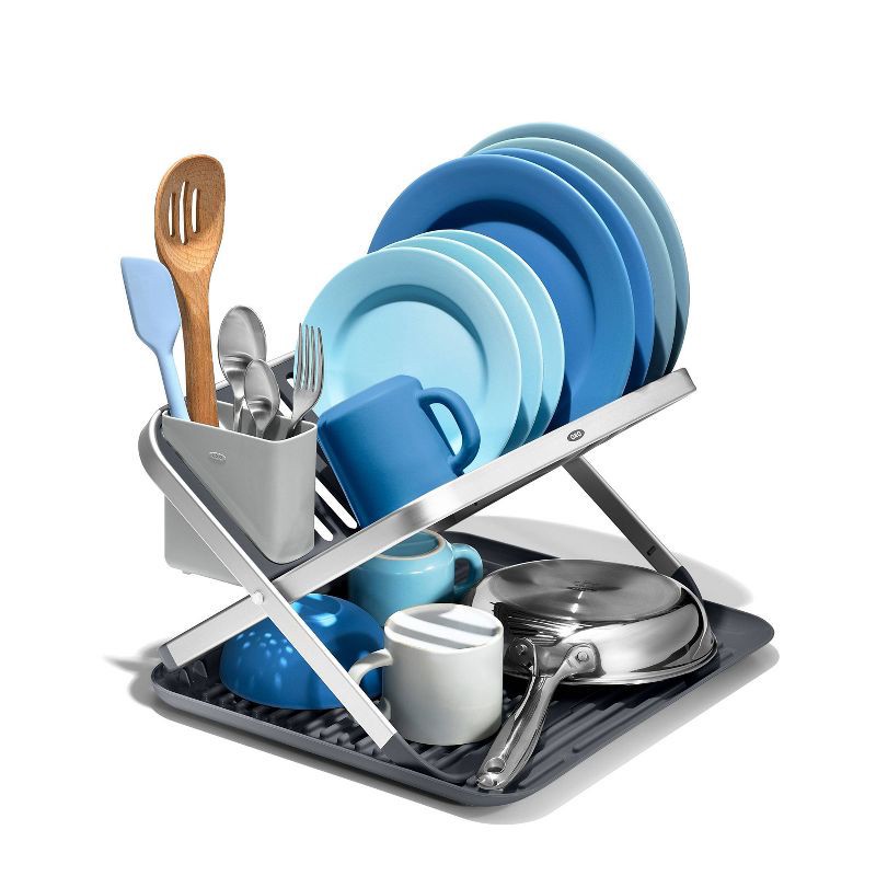 slide 6 of 11, OXO Compact Folding Dish Rack: Gray Freestanding Dish Drying Rack, Hand Wash, 21" Depth, 15" Width, 3.3 lbs, 3.3 lb