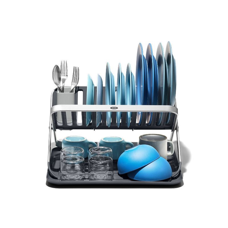 slide 8 of 11, OXO Compact Folding Dish Rack: Gray Freestanding Dish Drying Rack, Hand Wash, 21" Depth, 15" Width, 3.3 lbs, 3.3 lb