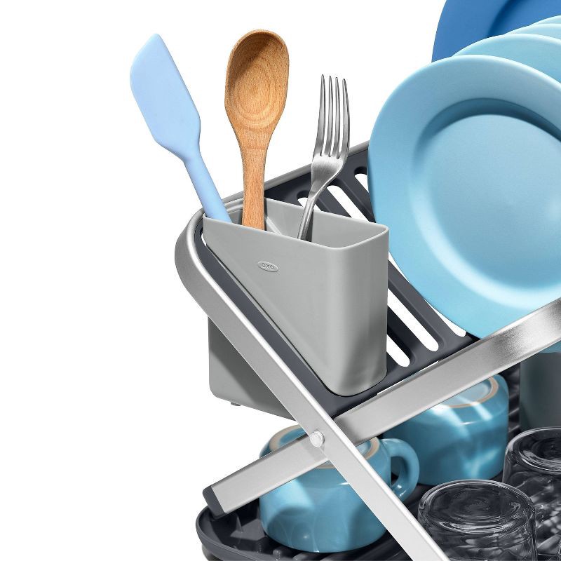 slide 11 of 11, OXO Compact Folding Dish Rack: Gray Freestanding Dish Drying Rack, Hand Wash, 21" Depth, 15" Width, 3.3 lbs, 3.3 lb