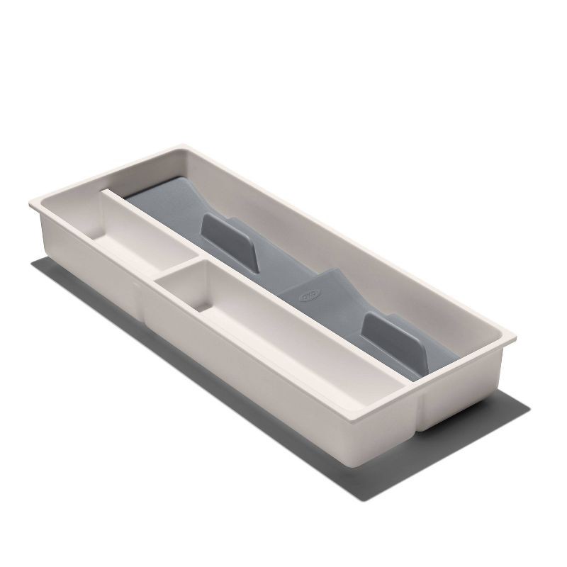 slide 2 of 8, OXO Compact Silverware Organizer: White & Gray Utensil Storage, TPE & Polypropylene, Hand Wash, 16.35" Depth, 1 ct