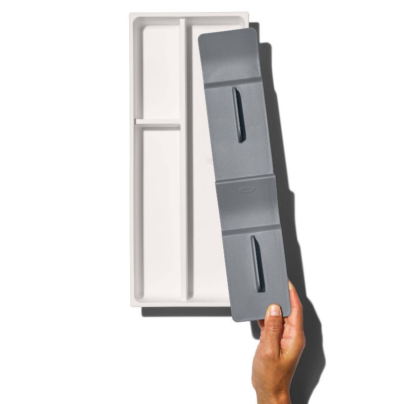 slide 3 of 8, OXO Compact Silverware Organizer: White & Gray Utensil Storage, TPE & Polypropylene, Hand Wash, 16.35" Depth, 1 ct