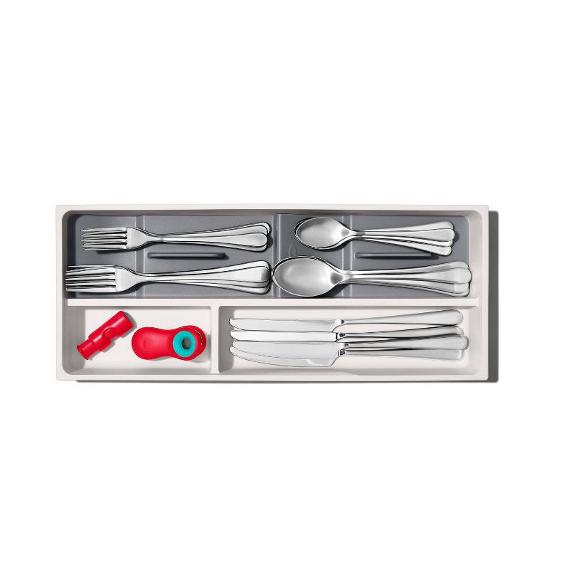 slide 5 of 8, OXO Compact Silverware Organizer: White & Gray Utensil Storage, TPE & Polypropylene, Hand Wash, 16.35" Depth, 1 ct