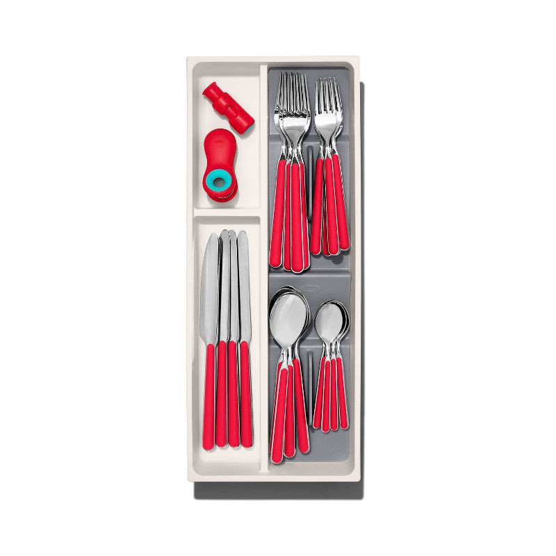 slide 6 of 8, OXO Compact Silverware Organizer: White & Gray Utensil Storage, TPE & Polypropylene, Hand Wash, 16.35" Depth, 1 ct