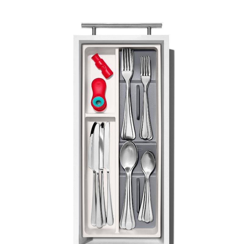 slide 7 of 8, OXO Compact Silverware Organizer: White & Gray Utensil Storage, TPE & Polypropylene, Hand Wash, 16.35" Depth, 1 ct