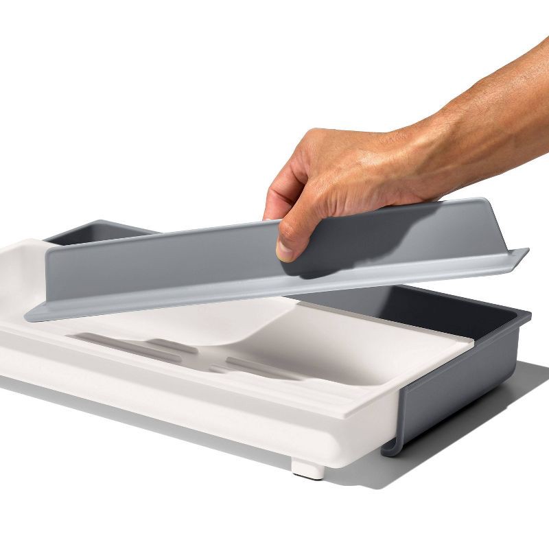 slide 4 of 7, OXO Long Handled Tool Organizer: Utensil & Kitchen Drawer Storage, White/Gray, Hand Wash, TPE & Polypropylene Material, 1 ct