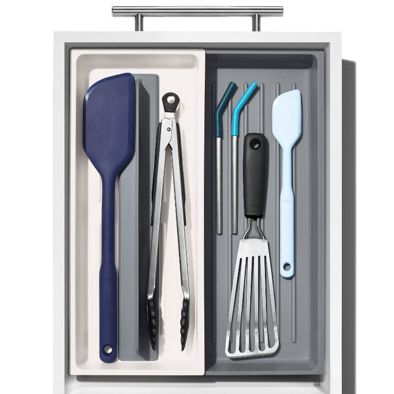 slide 6 of 7, OXO Long Handled Tool Organizer: Utensil & Kitchen Drawer Storage, White/Gray, Hand Wash, TPE & Polypropylene Material, 1 ct