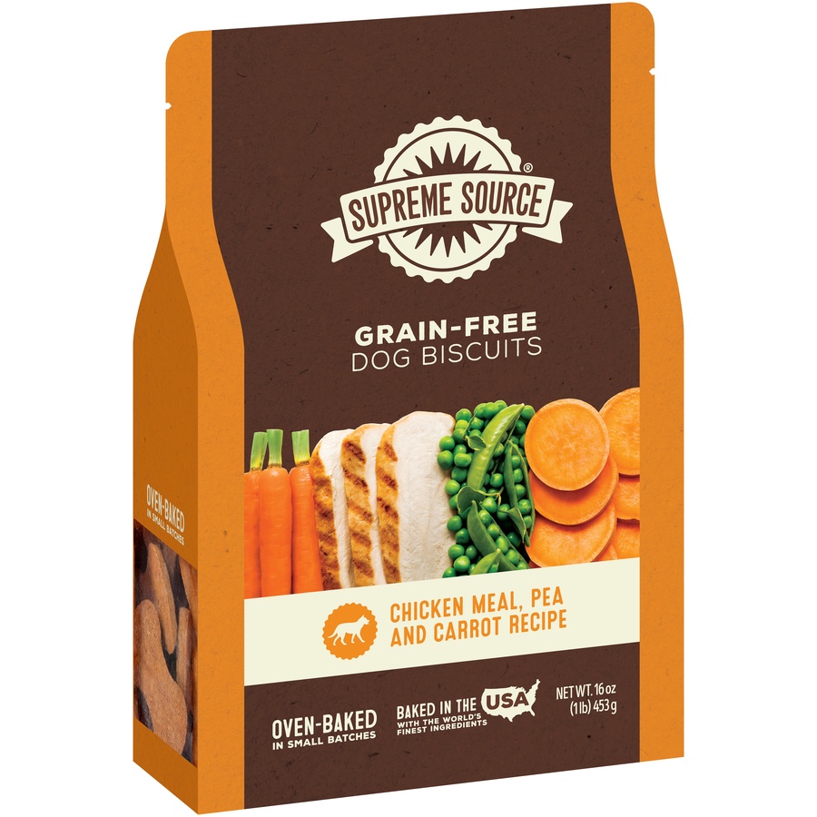 slide 5 of 9, Supreme Source Grain-Free Chicken Meal, Pea and Carrot Recipe Gourmet Dog Biscuits, 16 oz