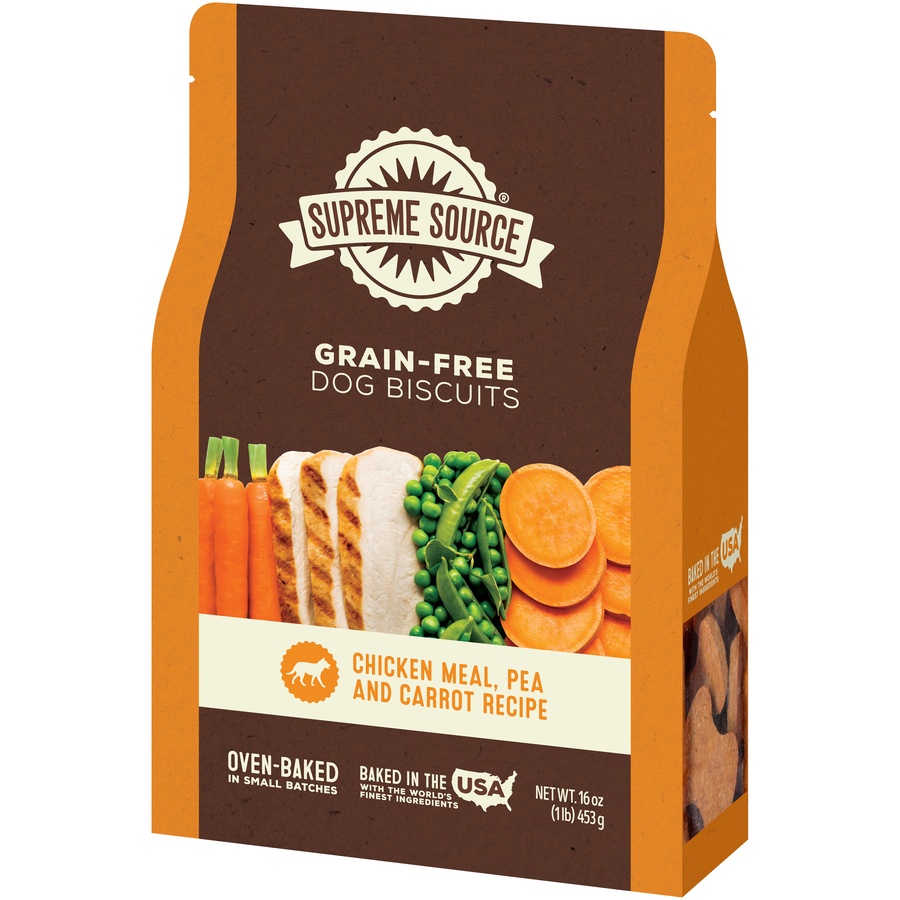 slide 3 of 9, Supreme Source Grain-Free Chicken Meal, Pea and Carrot Recipe Gourmet Dog Biscuits, 16 oz