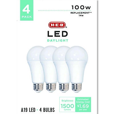 slide 1 of 1, H-E-B A19 100-Watt Daylight LED Light Bulbs, 4 ct
