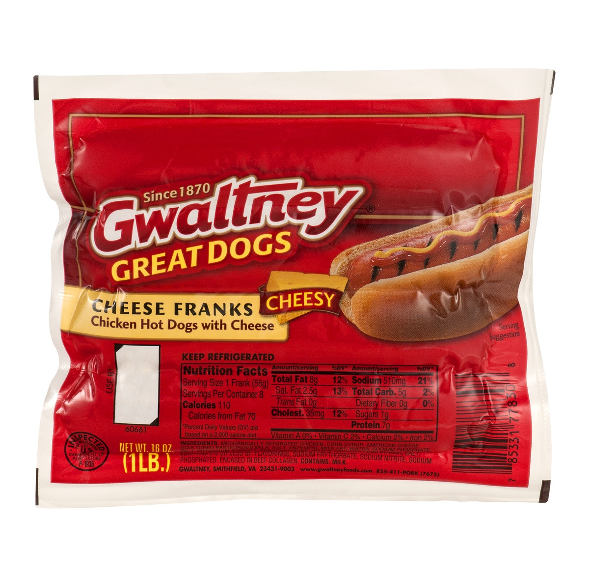 slide 1 of 1, Gwaltney Great Dogs with Cheese, 16 oz