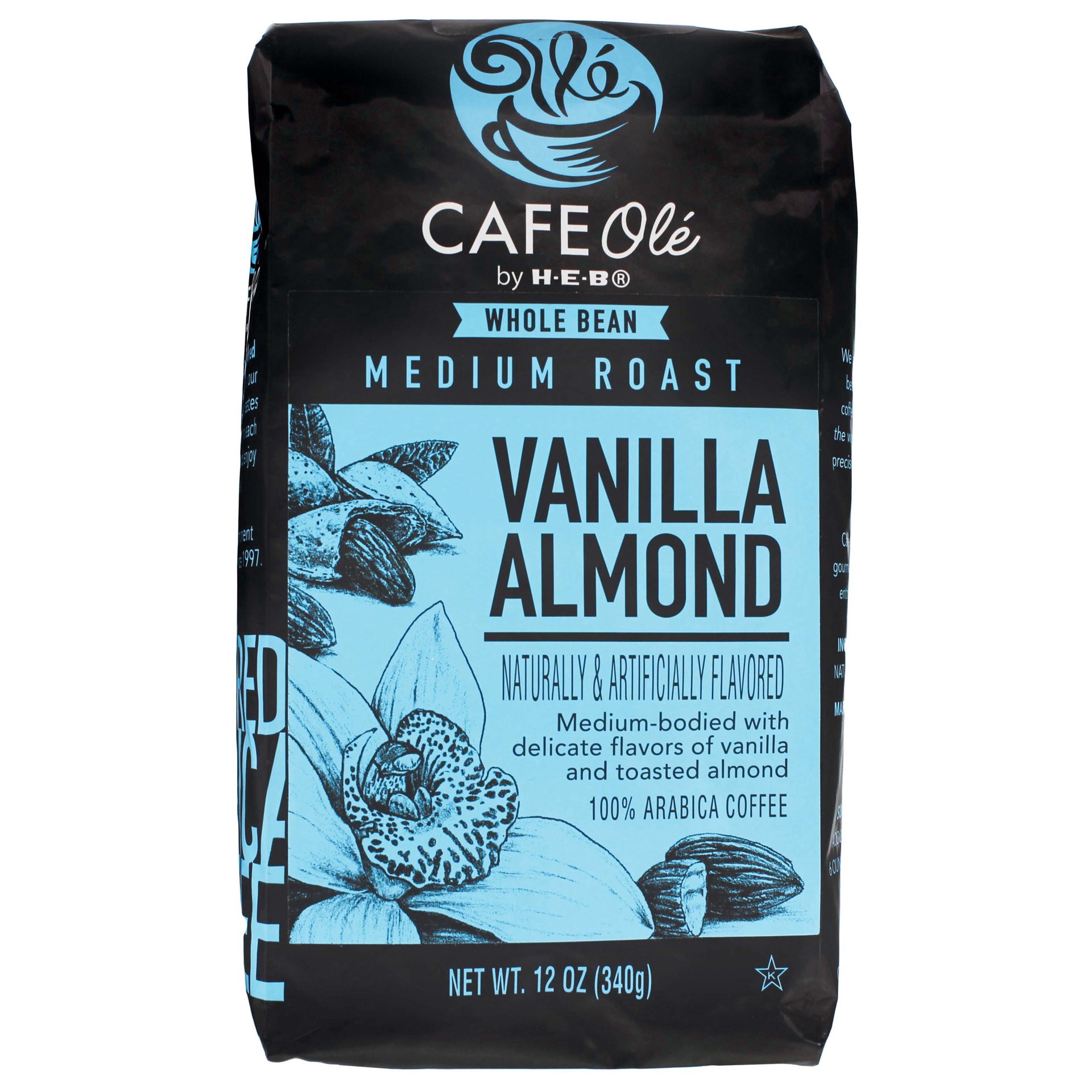 slide 1 of 1, H-E-B Cafe Ole Whole Bean Vanilla Almond Medium Roast Coffee - 12 oz, 12 oz