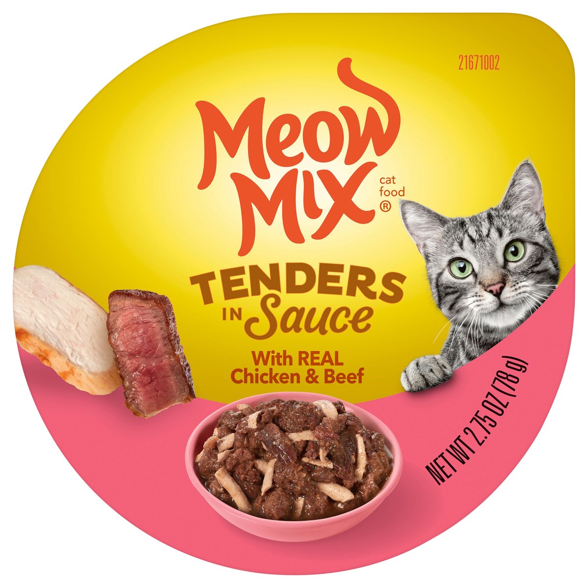 slide 1 of 2, Meow Mix Tenders in Sauce Wet Cat Food With REAL Chicken & Beef, 2.75 Oz. Cup (Packaging And Formulation Updates Underway), 2.75 oz