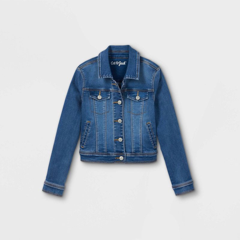 slide 1 of 2, Girls' Jean Jacket - Cat & Jack™ Medium Wash M: Snap Closure, Denim Style, 1 ct