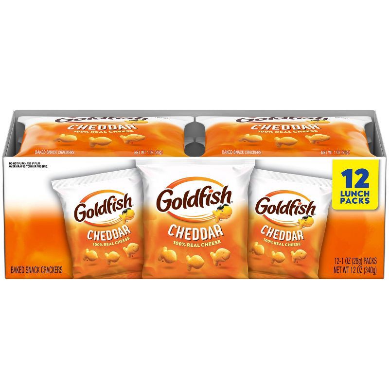 slide 1 of 9, Goldfish Cheddar Crackers Snack Packs - 1oz/12ct: No Artificial Preservatives, No Artificial Flavors, No High Fructose Corn Syrup, 1 oz; 12 ct