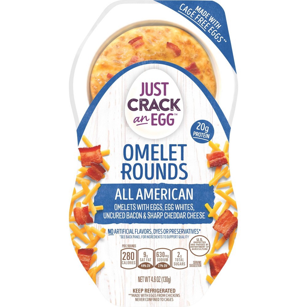 slide 2 of 8, Just Crack an Egg Omelet Rounds All American Egg Bites with Eggs, Uncured Bacon and Sharp Cheddar Cheese Pack, 2 ct