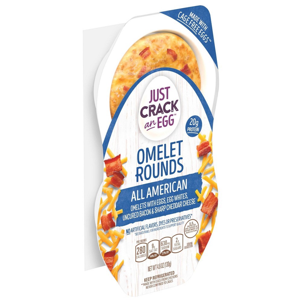 slide 4 of 8, Just Crack an Egg Omelet Rounds All American Egg Bites with Eggs, Uncured Bacon and Sharp Cheddar Cheese Pack, 2 ct