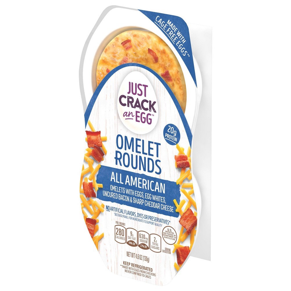 slide 7 of 8, Just Crack an Egg Omelet Rounds All American Egg Bites with Eggs, Uncured Bacon and Sharp Cheddar Cheese Pack, 2 ct
