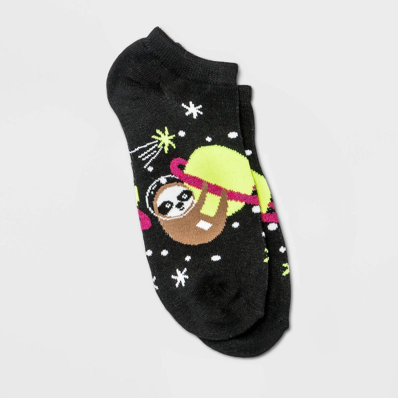slide 1 of 2, Women's Sparkly Space Sloth Low Cut Socks - Xhilaration™ Black 4-10, 1 ct