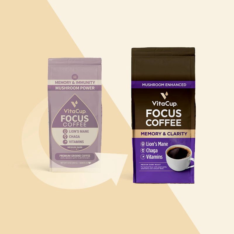 slide 4 of 4, VitaCup Focus Ground Coffee Medium Roast Cognitive & Immunity Support Lions Mane, Chaga Mushroom & B Vitamin - 10oz, 10 oz