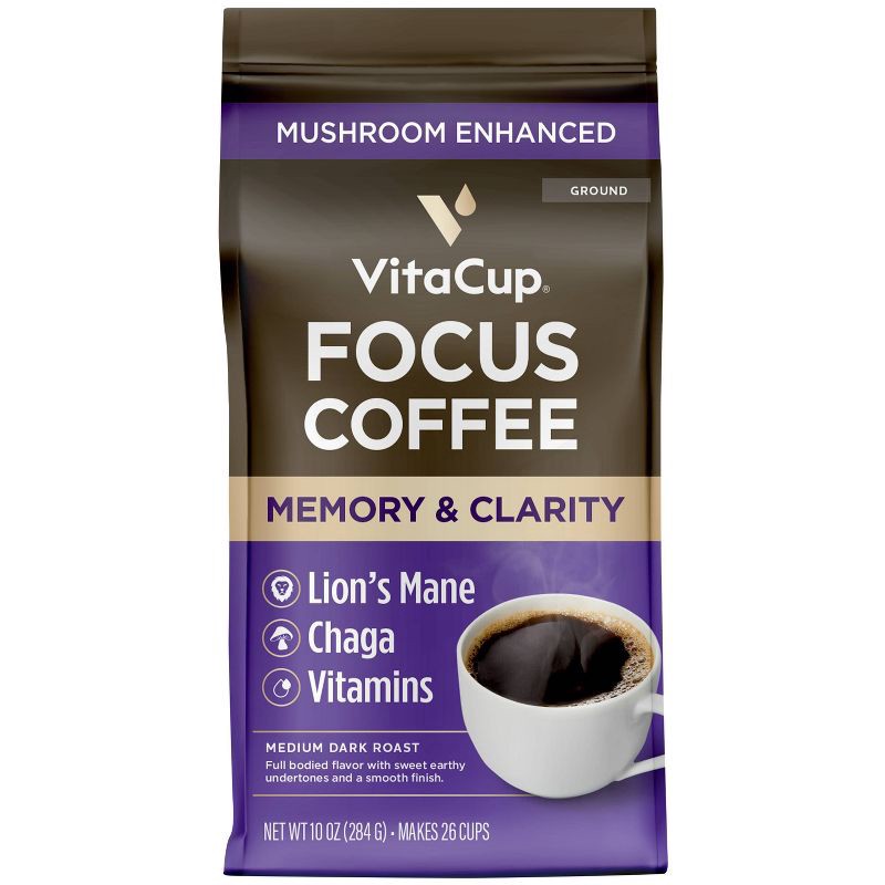slide 1 of 4, VitaCup Focus Ground Coffee Medium Roast Cognitive & Immunity Support Lions Mane, Chaga Mushroom & B Vitamin - 10oz, 10 oz