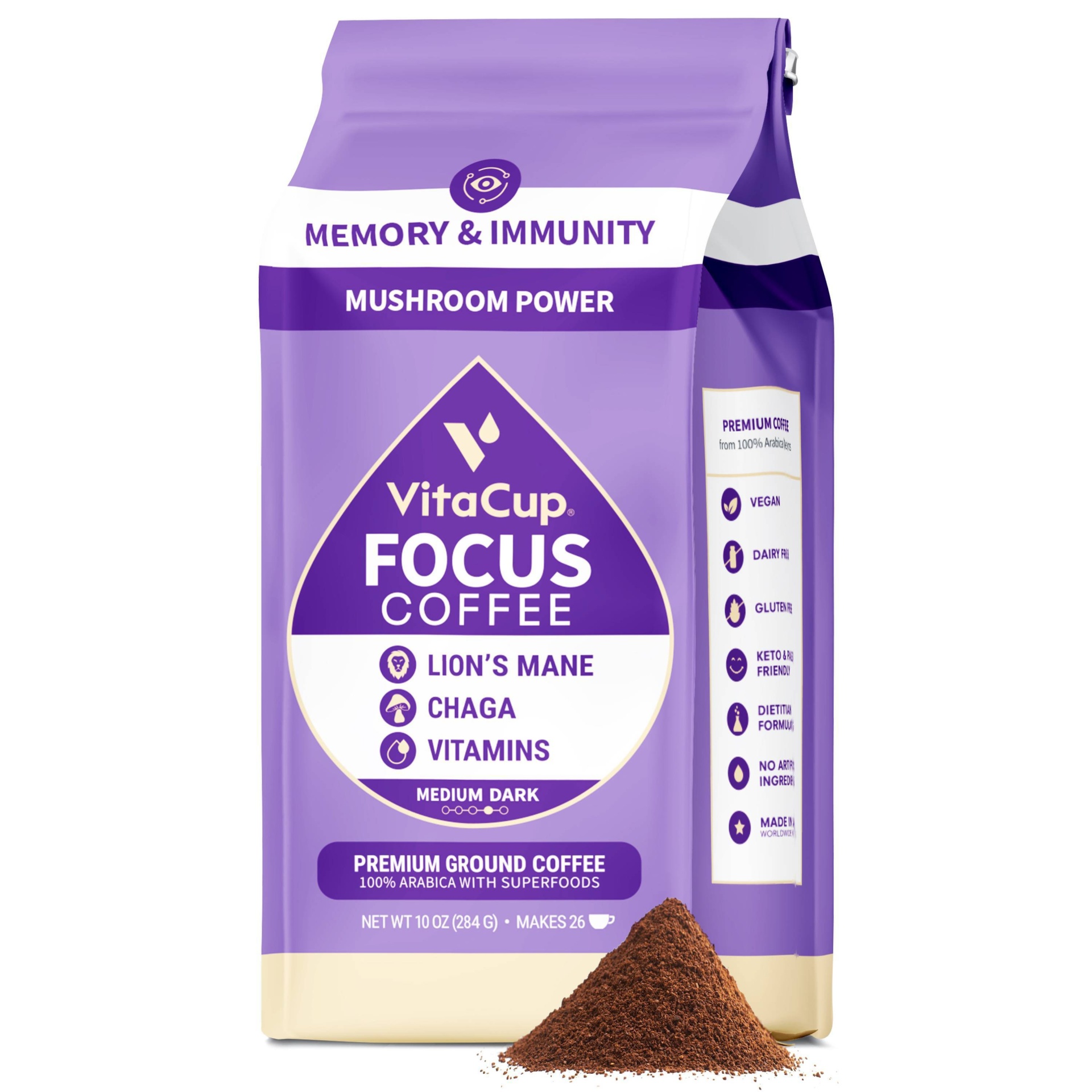 VitaCup Focus Ground Coffee Medium Roast Cognitive & Immunity Support ...