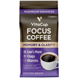 VitaCup Focus Ground Coffee Medium Roast Cognitive & Immunity Support Lions Mane, Chaga Mushroom & B Vitamin - 10oz