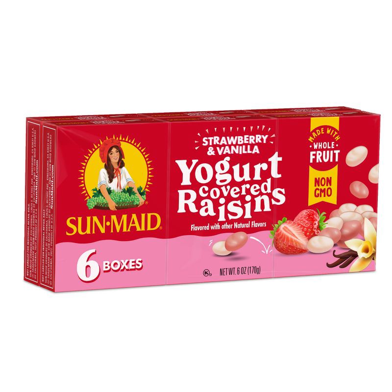 slide 3 of 11, Sun-Maid Strawberry & Vanilla Yogurt Covered Raisins - 1oz / 6ct, 1 oz, 6 ct