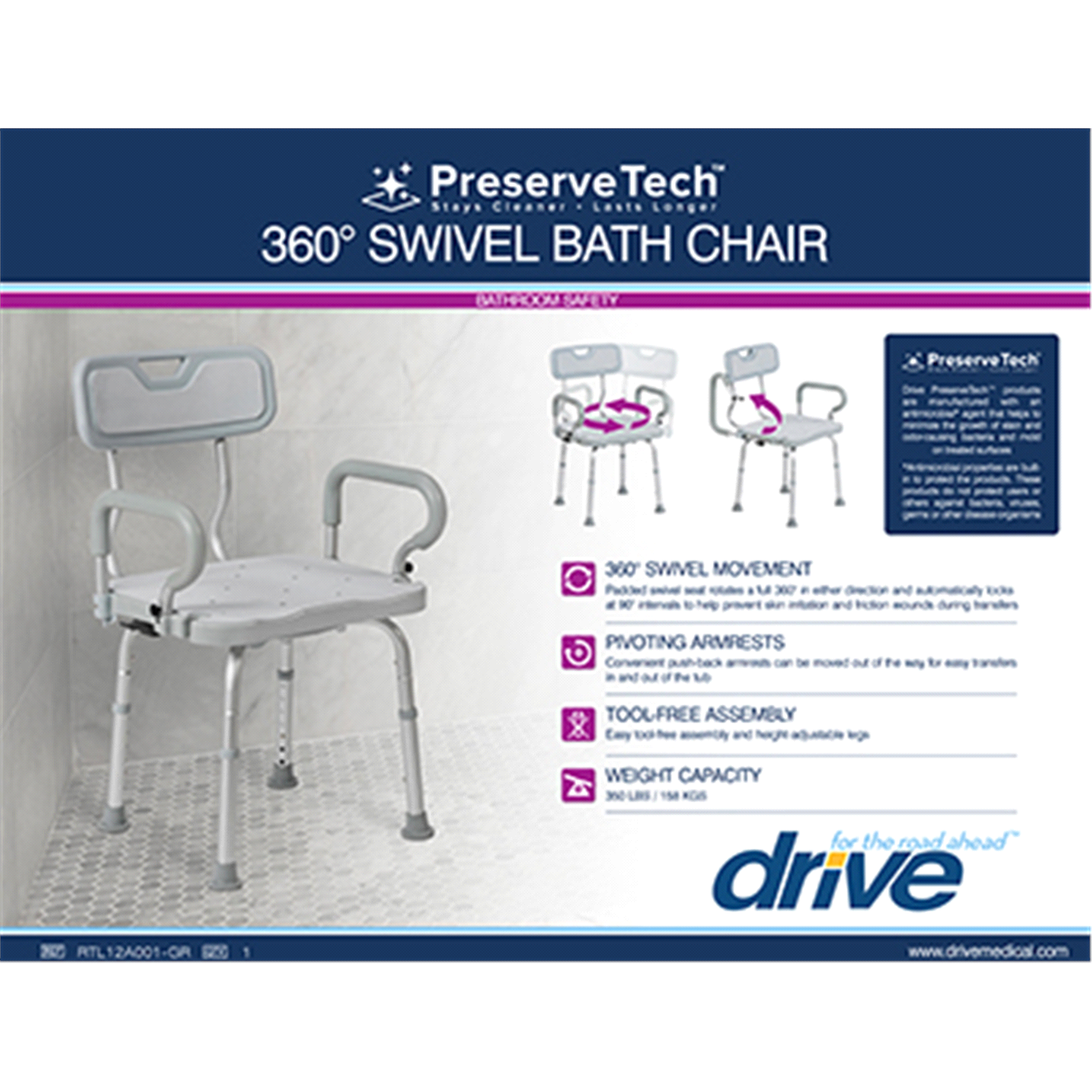 slide 1 of 2, Drive Medical Preservetech Swivel Bath Chair, 1 ct