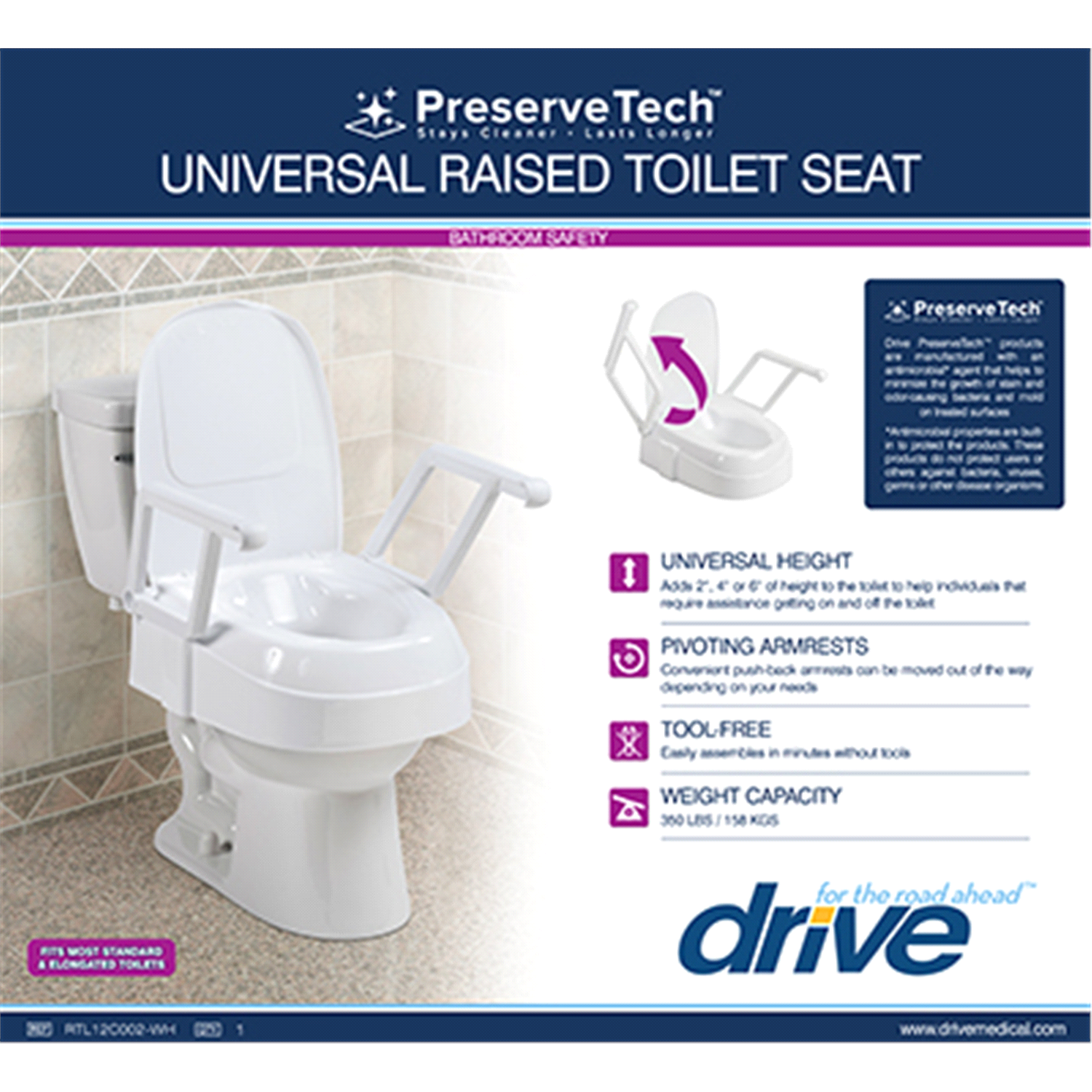 slide 1 of 2, Drive Medical Preservetech Universal Raised Toilet Seat, 1 ct