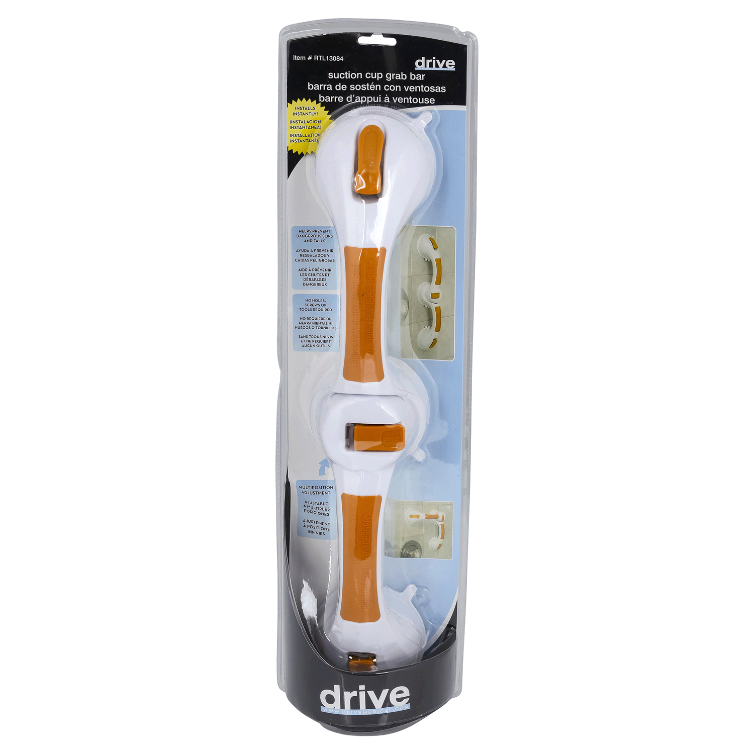 slide 1 of 2, Drive Medical Drive Suction Cup Grab Bar, White/Orange, 1 ct