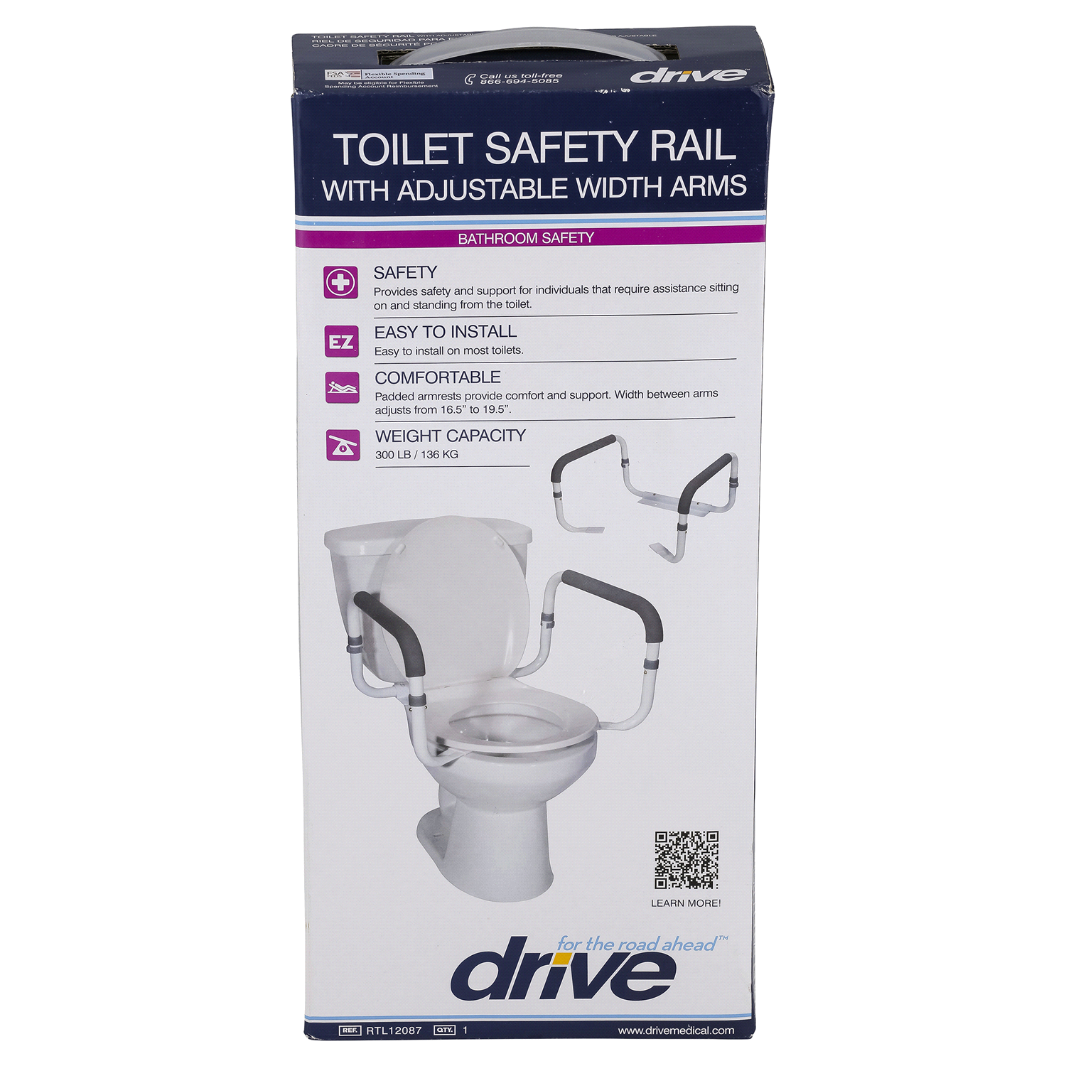slide 1 of 4, Drive Toilet Safety Rail With Adjustable Width Arms, 1 ct