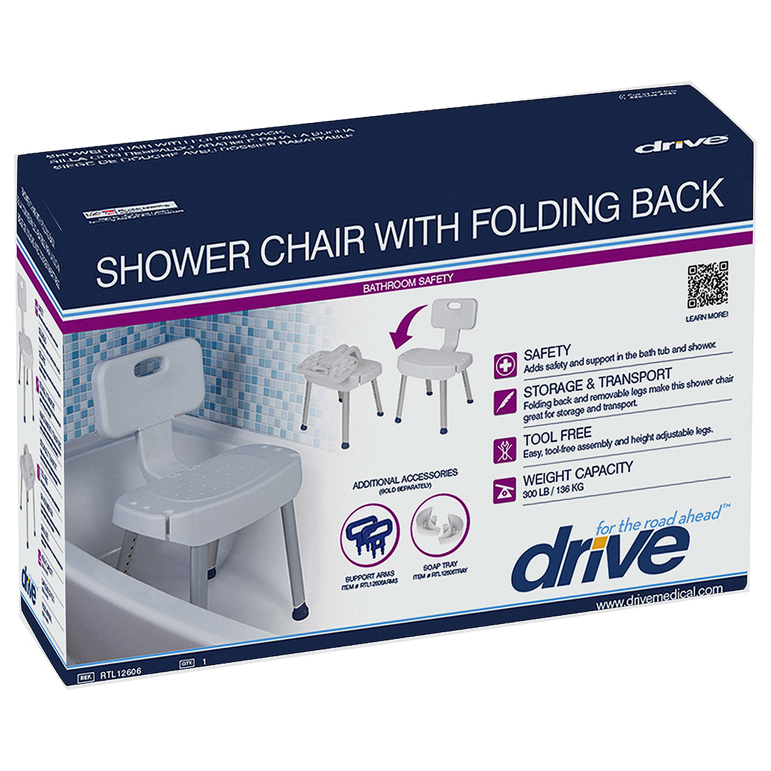 slide 1 of 1, Drive Medical Drive Shower Chair With Folding Back, 1 ct