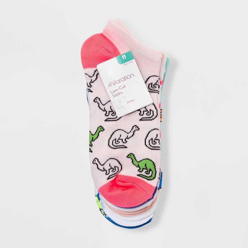slide 2 of 2, Women's Dinosaurs and Stripes 10pk Low Cut Socks - Pink/Blue/Purple 4-10: Recycled Polyester Knit, Banded Cuff, Machine Washable, 10 ct