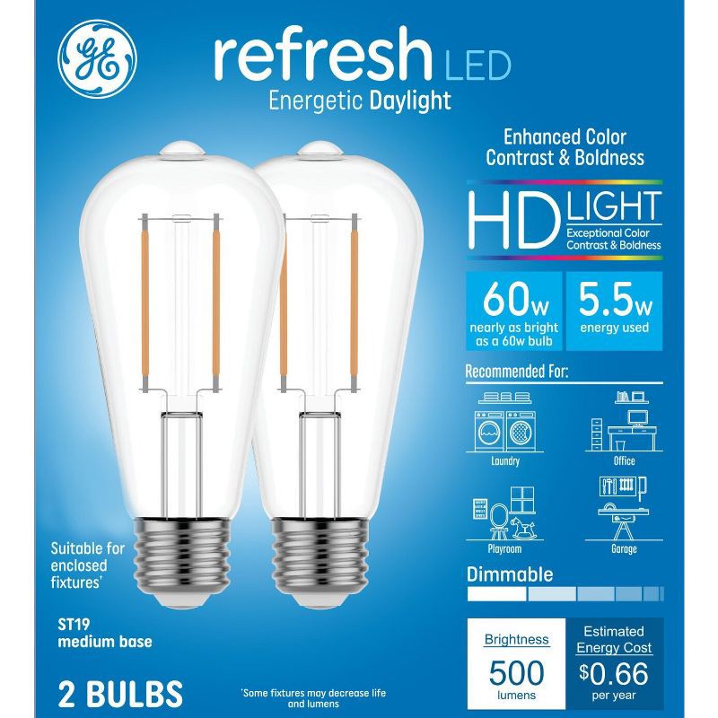 slide 1 of 7, GE Household Lighting GE 2pk 60W Refresh ST19 LED Edison Style Light Bulbs Daylight, 2 ct