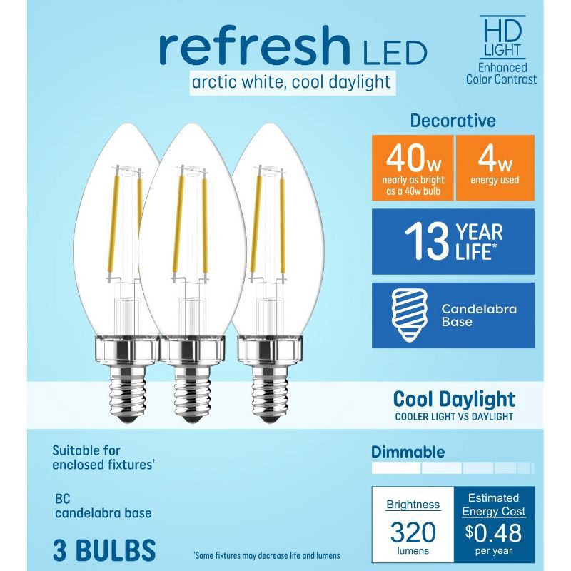 slide 1 of 7, GE Household Lighting GE 3pk 40W Refresh LED CAC Decorative Light Bulbs Cool Daylight, 2 ct