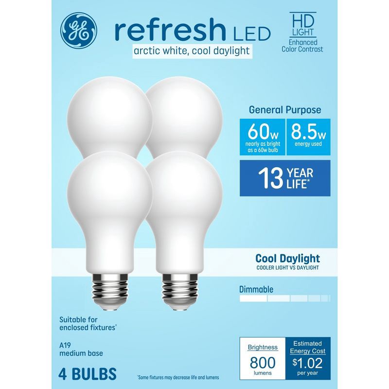slide 1 of 7, GE Household Lighting GE 4pk 60W Refresh A19 LED Light Bulbs Cool Daylight, 4 ct
