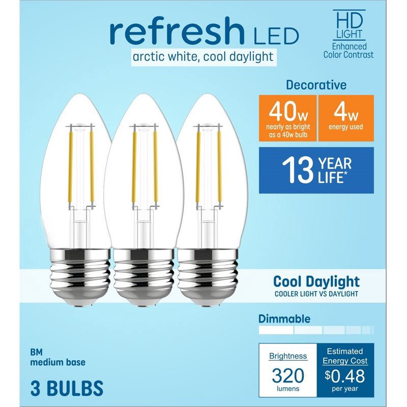 slide 1 of 7, GE Household Lighting GE 3pk 40W Refresh LED CAM Decorative Light Bulbs Cool Daylight, 3 ct